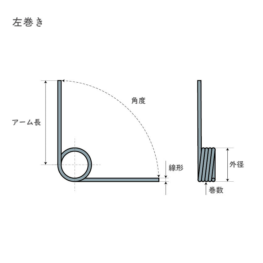 0.7mm Linear Torsion Spring, 6mm Outer Diameter, 40mm Arm Length, Selectable Coil Count and Angle, Stainless Steel, Pack of 5