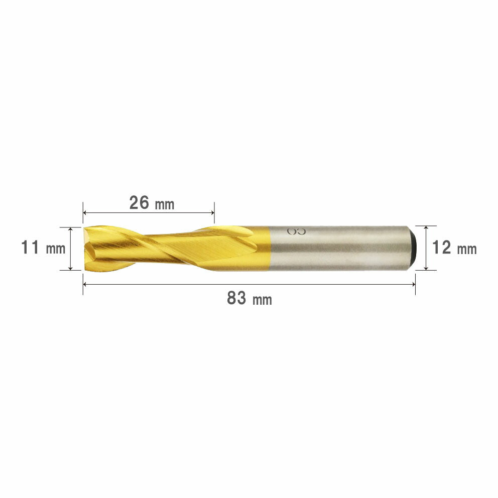 11mm Diameter, 83mm Overall Length, 2-Flute HSS Co End Mill, Cobalt High-Speed Steel