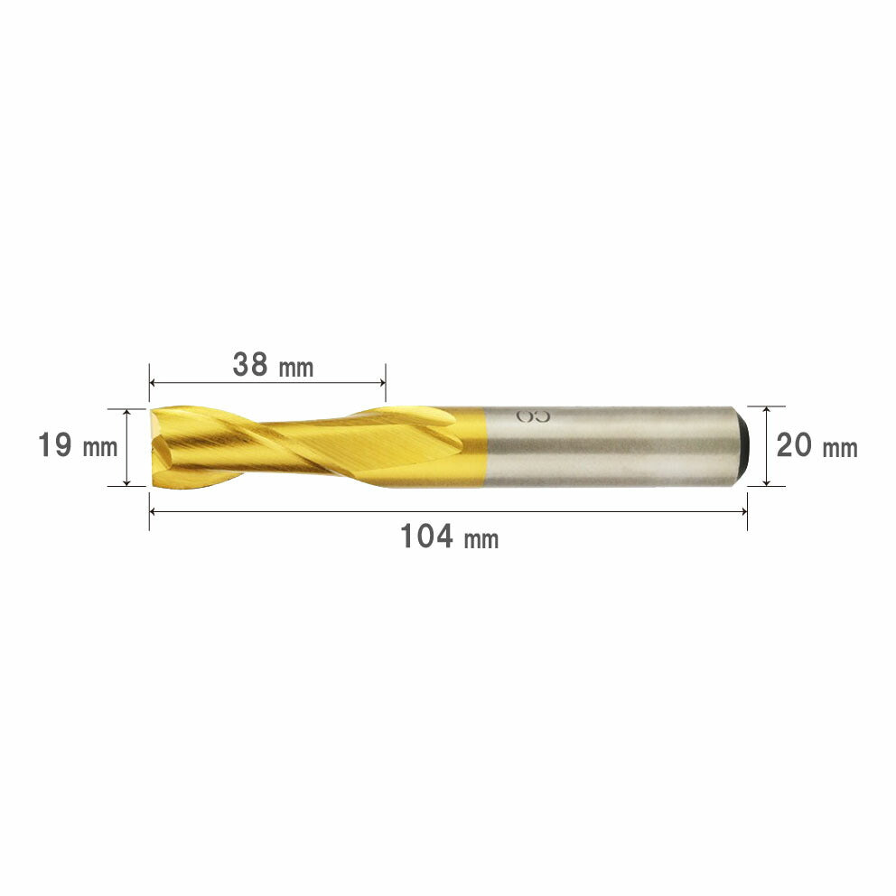 19mm Diameter, 104mm Overall Length, 2-Flute HSS Co End Mill, Cobalt High-Speed Steel