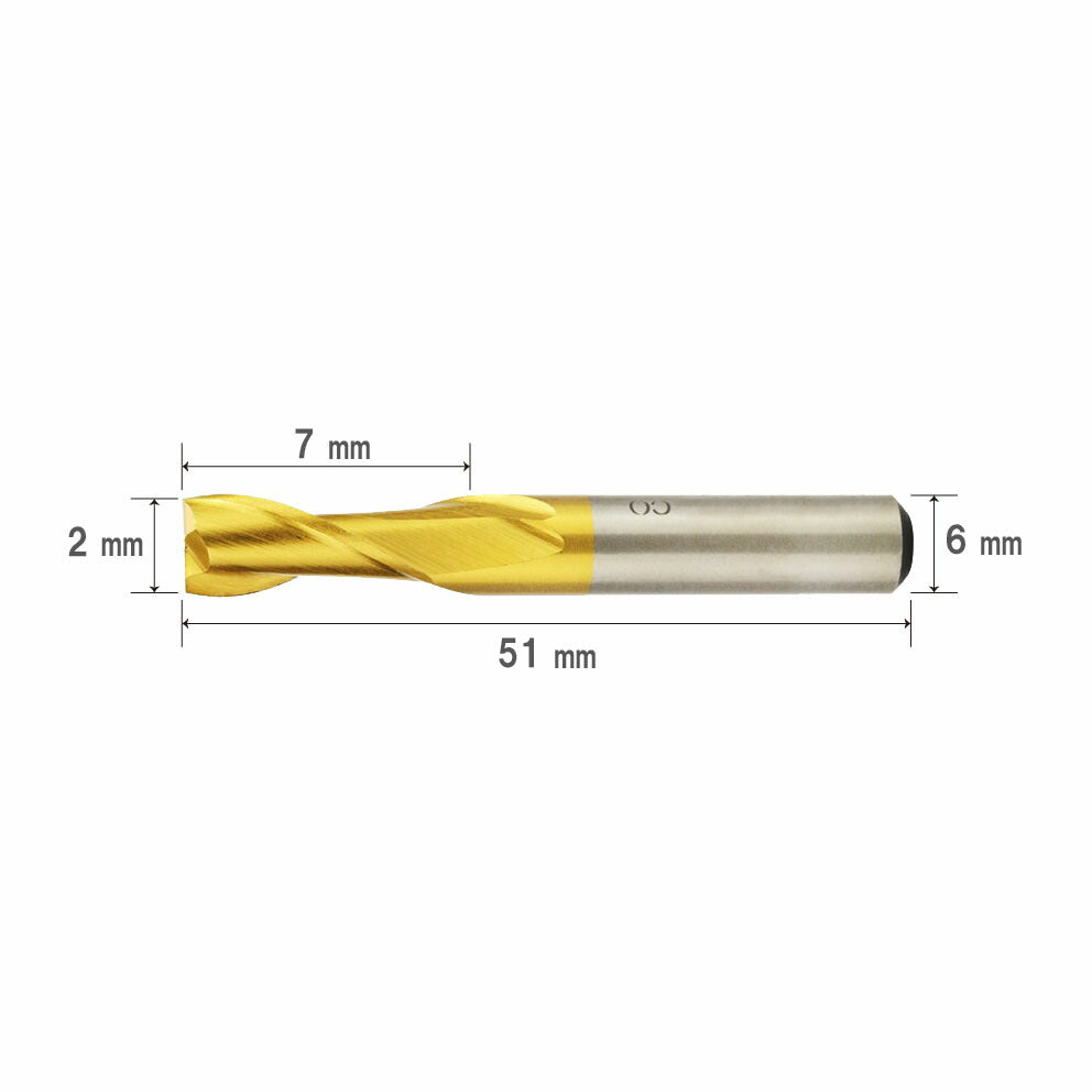 Cutting diameter 2mm, Overall length 51mm, 2-flute HSS Co end mill, Cobalt high-speed steel