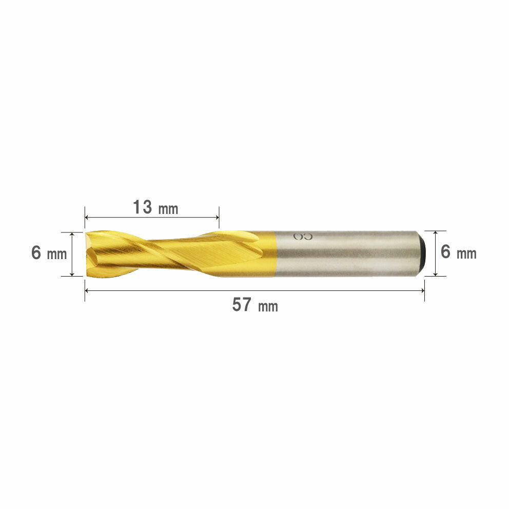 6mm Diameter, 57mm Overall Length, 2-Flute HSS Co End Mill, Cobalt High-Speed Steel