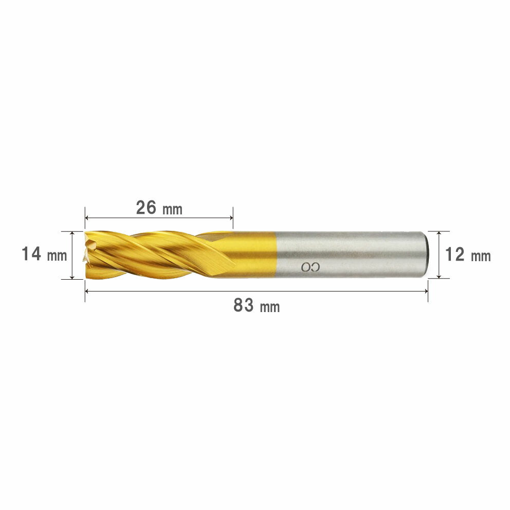 Cutting diameter 14mm, Overall length 83mm, 4-flute HSS Co end mill, cobalt high-speed steel