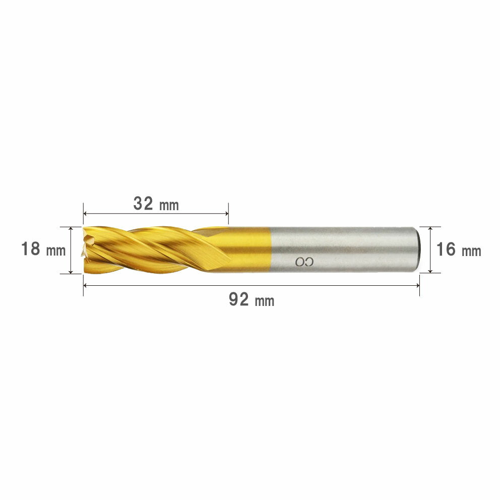 18mm Diameter, 92mm Overall Length, 4-Flute HSS Co End Mill, Cobalt High-Speed Steel
