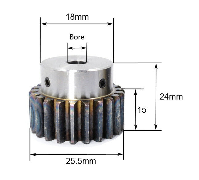 Module 1.5, Number of Teeth 15, Diameter 25.5mm, Hole Diameter 6mm, 1045 Steel Spur Gear