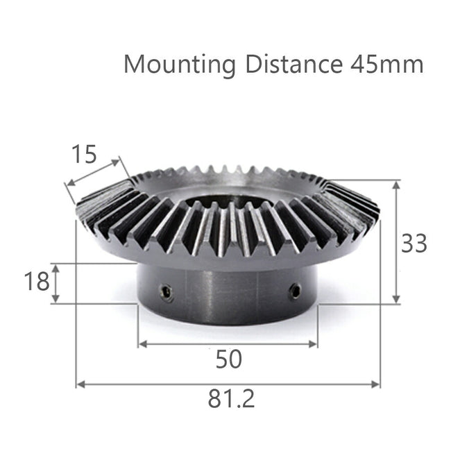Module 2, Number of teeth 40, Hole diameter 38mm, Keyway 8mm, Speed ​​ratio 1:2, Steel bevel gear