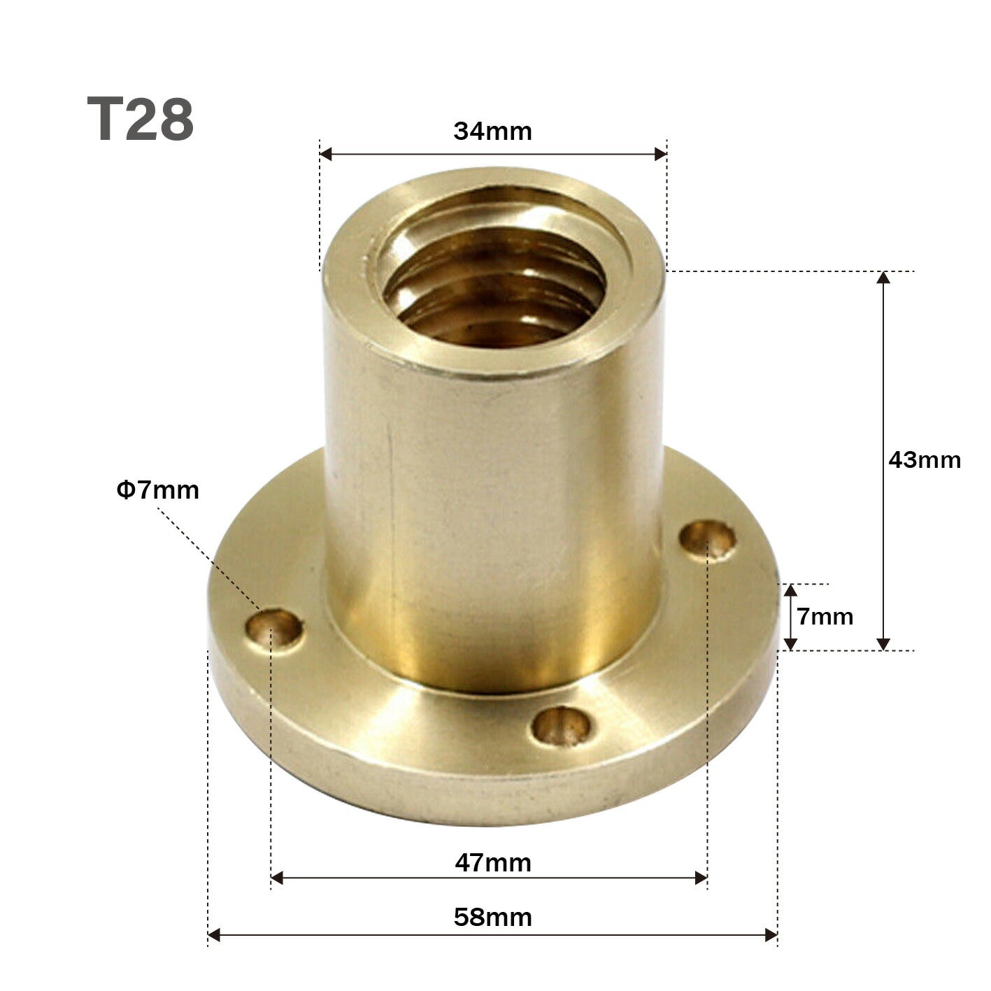 T28 x 5.0 5mm Lead Flanged Brass Nut for Trapezoidal Threads, Pack of 1