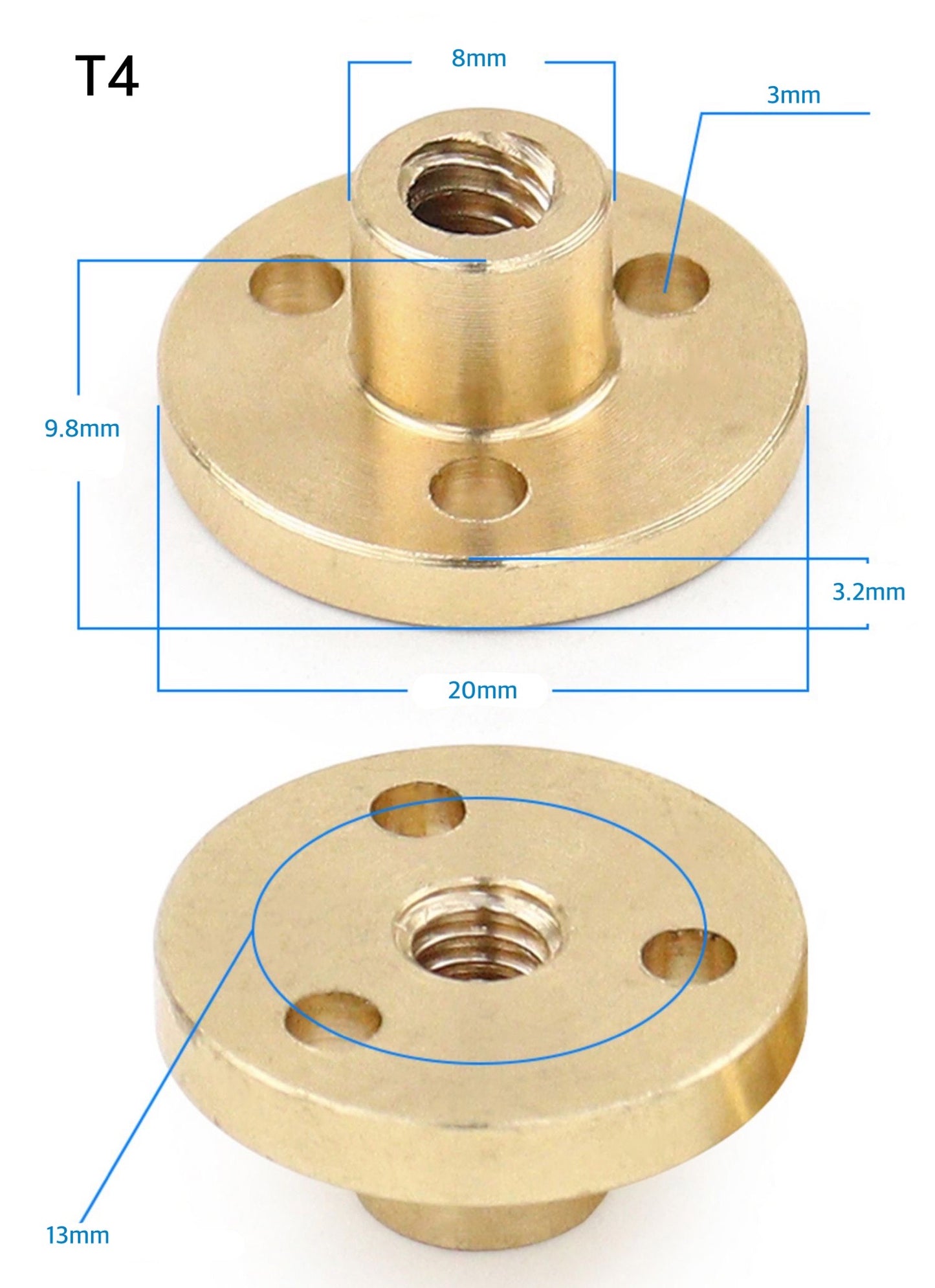 T4 x 1.0 1mm Lead Flanged Brass Nut for Trapezoidal Threads, Pack of 1