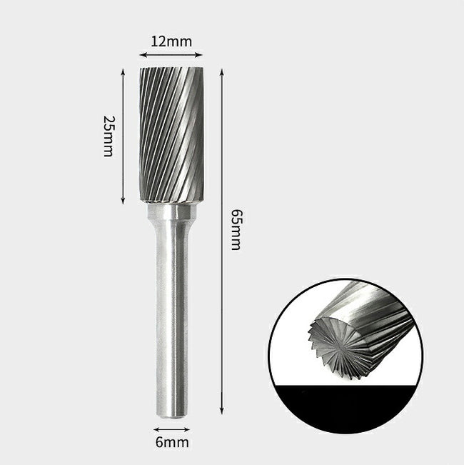 12 x 25mm 円筒型 エンドカット付 シングルカット シャンク径 6mm 超硬 ロータリーバー リュータービット 超硬バー