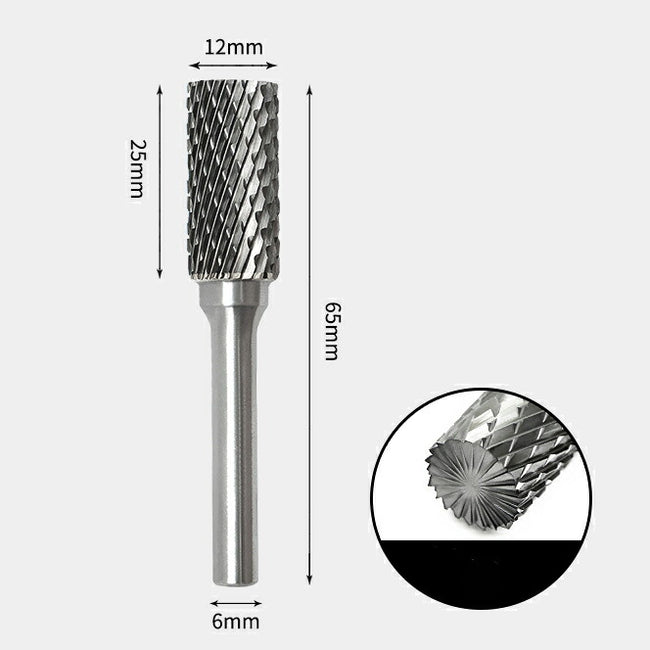 12 x 25mm Cylindrical End Cut Double Cut 6mm Shank Diameter Solid Carbide Rotary Burr Router Bit