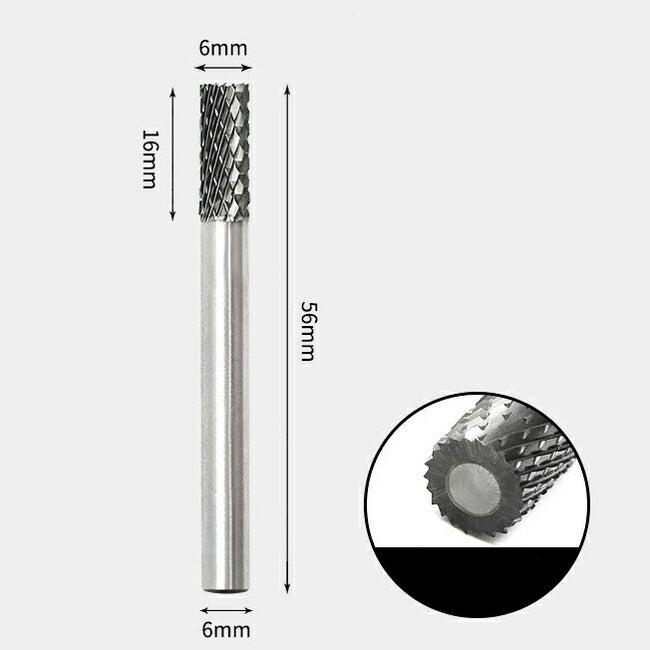 6 x 16mm 円筒型 ダブルカット シャンク径 6mm 超硬 ロータリーバー リュータービット 超硬バー