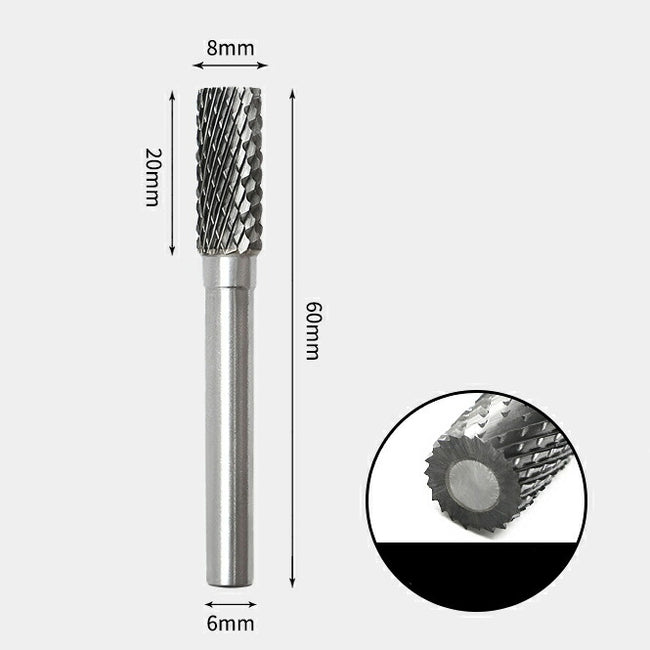 8 x 20mm 円筒型 ダブルカット シャンク径 6mm 超硬 ロータリーバー リュータービット 超硬バー