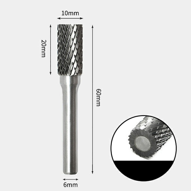 10 x 20mm 円筒型 ダブルカット シャンク径 6mm 超硬 ロータリーバー リュータービット 超硬バー