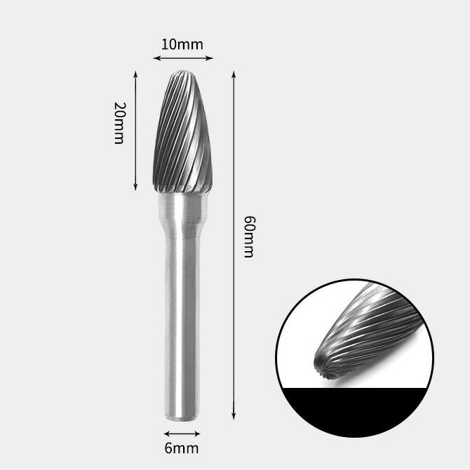 10 x 20mm Bullet-Shaped Single-Cut Rotary Burr with 6mm Shank, Router Bit