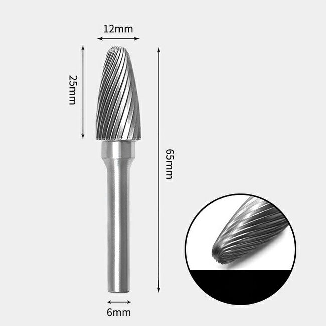 12 x 25mm 砲弾型 シングルカット シャンク径 6mm 超硬 ロータリーバー リュータービット 超硬バー