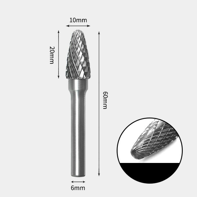 10 x 20mm Bullet-Shaped Double Cutting Tool with 6mm Shank, Solid Carbide Rotary Burr, Router Bit