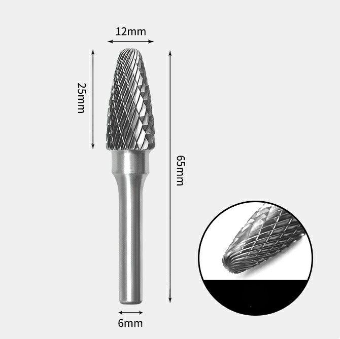 12 x 25mm Bullet-Shaped Double Cutting Tool with 6mm Shank, Solid Carbide Rotary Burr, Router Bit