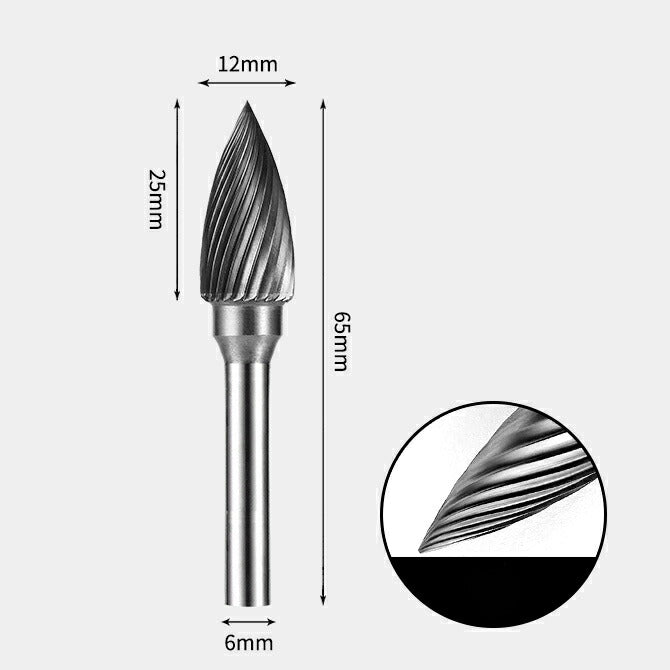 12 x 25mm Point Type Single Cut 6mm Shank Diameter Solid Carbide Rotary Burr Router Bit