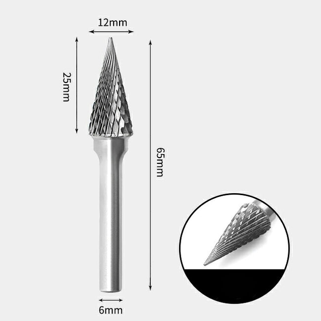 12 x 25mm コーン型 ダブルカット シャンク径 6mm 超硬 ロータリーバー リュータービット 超硬バー