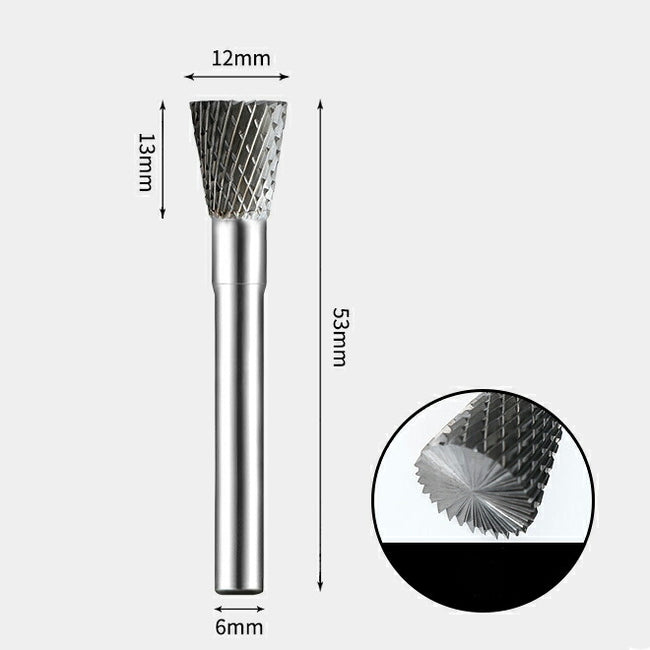 12 x 13mm 逆円錐型 エンドカット付 ダブルカット シャンク径 6mm 超硬 ロータリーバー リュータービット 超硬バー