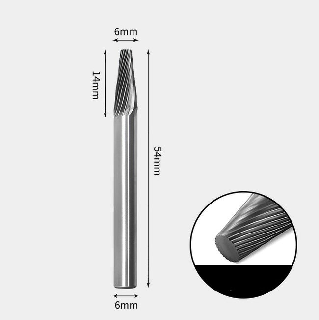 6 x 14mm テーパー型 シングルカット シャンク径 6mm 超硬 ロータリーバー リュータービット 超硬バー