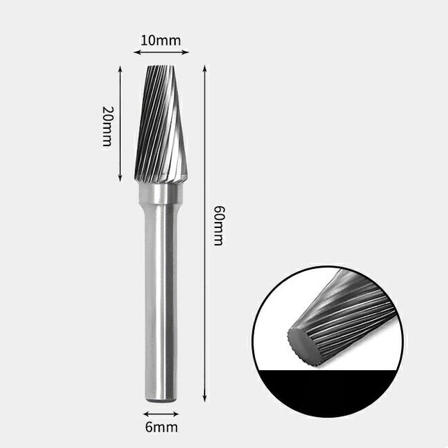 10 x 20mm テーパー型 シングルカット シャンク径 6mm 超硬 ロータリーバー リュータービット 超硬バー