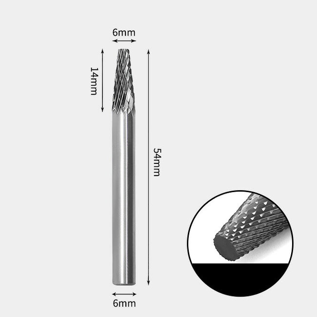 6 x 14mm テーパー型 ダブルカット シャンク径 6mm 超硬 ロータリーバー リュータービット 超硬バー