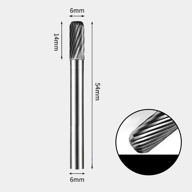 6 x 14mm 角丸円筒型 シングルカット シャンク径 6mm 超硬 ロータリーバー リュータービット 超硬バー