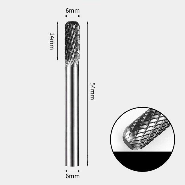 6 x 14mm 角丸円筒型 ダブルカット シャンク径 6mm 超硬 ロータリーバー リュータービット 超硬バー