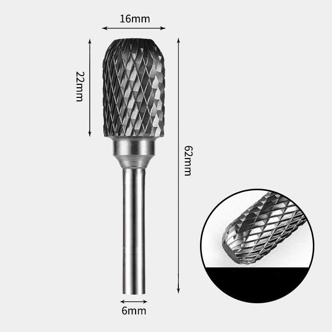 16 x 22mm 角丸円筒型 ダブルカット シャンク径 6mm 超硬 ロータリーバー リュータービット 超硬バー