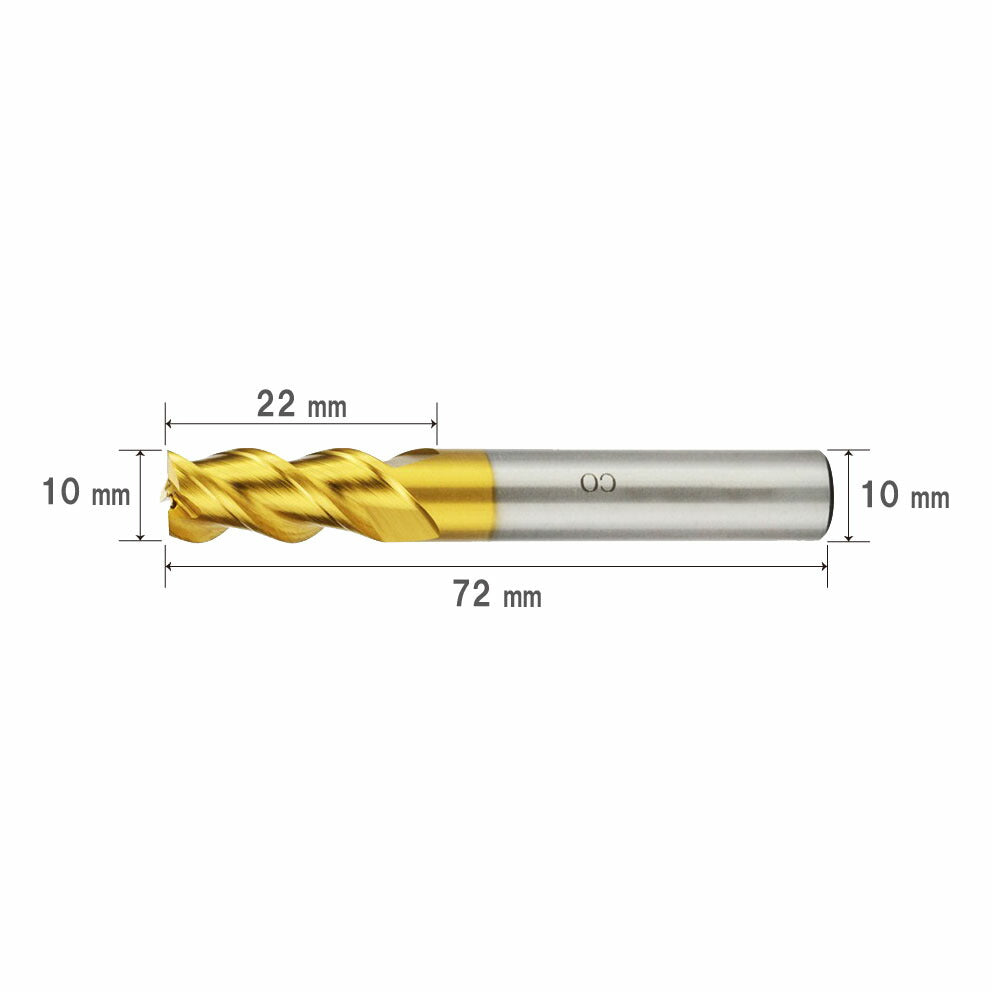 Blade diameter 10mm, Overall length 72mm, 3-flute HSS Co end mill, cobalt high-speed steel