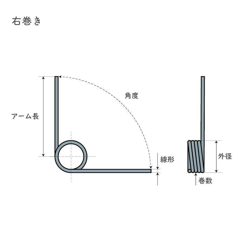 2mm Linear Torsion Spring, 12mm Outer Diameter, 58mm Arm Length, Selectable Number of Coils and Angle, Spring Steel, Pack of 2