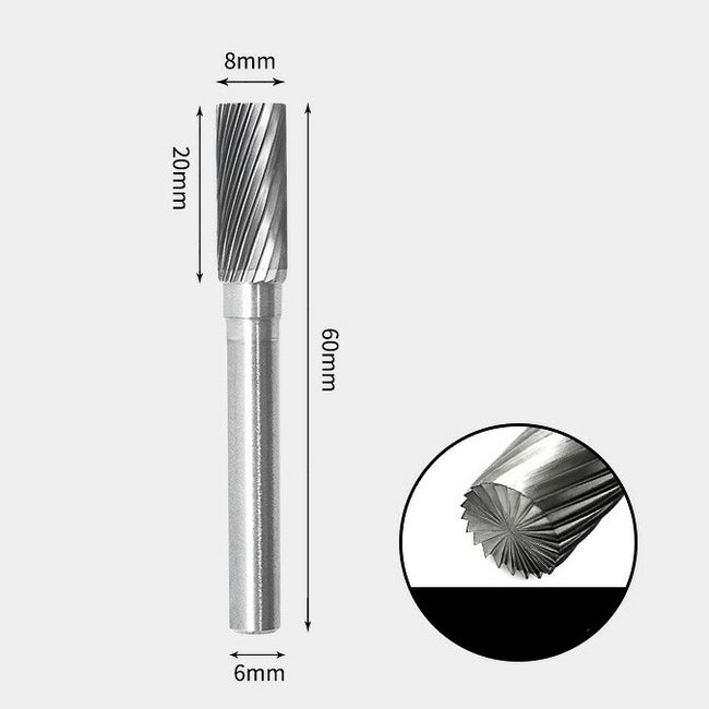 8 x 20mm 円筒型 エンドカット付 シングルカット シャンク径 6mm 超硬 ロータリーバー リュータービット 超硬バー