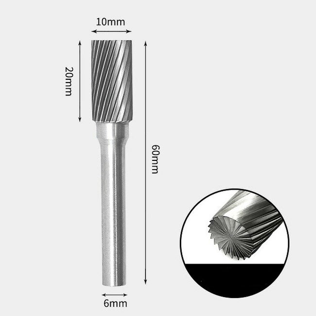 10 x 20mm 円筒型 エンドカット付 シングルカット シャンク径 6mm 超硬 ロータリーバー リュータービット 超硬バー