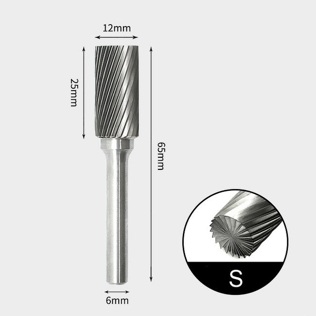 12 x 25mm 円筒型 エンドカット付 シングルカット シャンク径 6mm 超硬 ロータリーバー リュータービット 超硬バー