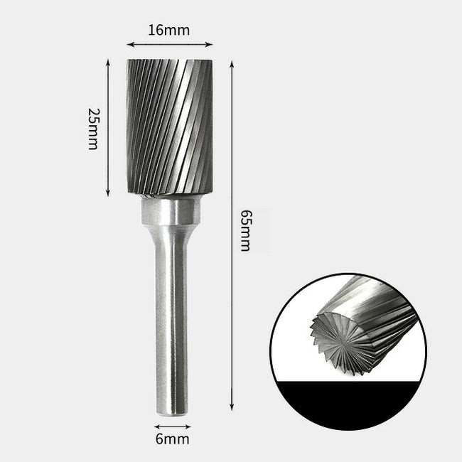 16 x 25mm 円筒型 エンドカット付 シングルカット シャンク径 6mm 超硬 ロータリーバー リュータービット 超硬バー