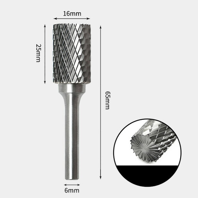 16 x 25mm 円筒型 エンドカット付 ダブルカット シャンク径 6mm 超硬 ロータリーバー リュータービット 超硬バー