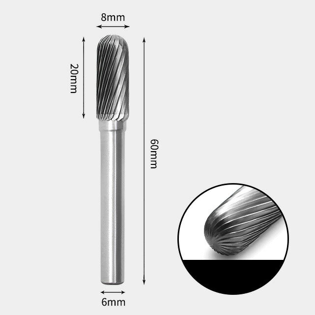 8 x 20mm 先丸円筒型 シングルカット シャンク径 6mm 超硬 ロータリーバー リュータービット 超硬バー