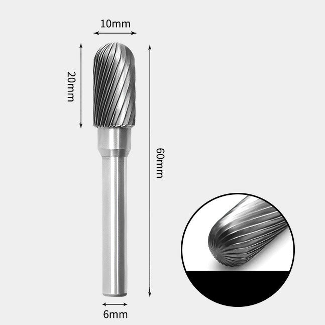 10 x 20mm 先丸円筒型 シングルカット シャンク径 6mm 超硬 ロータリーバー リュータービット 超硬バー