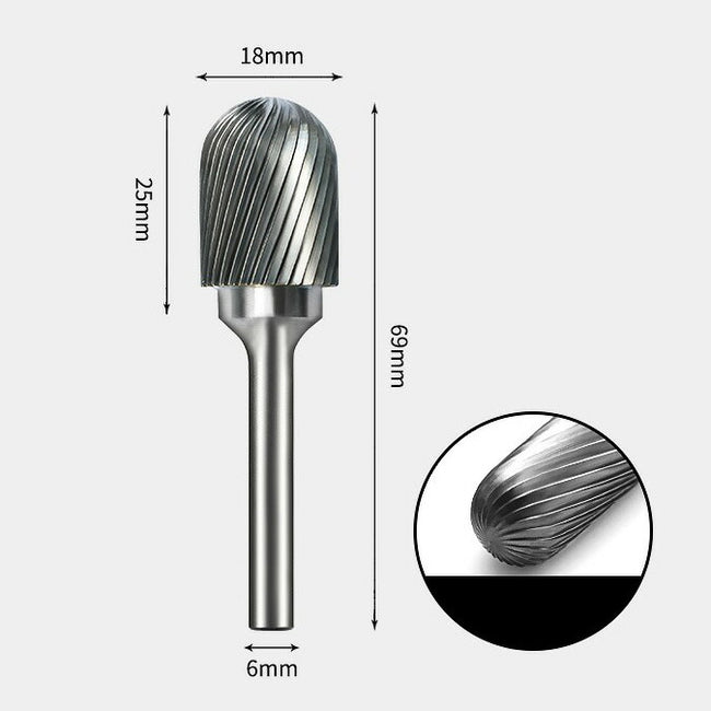 18 x 25mm 先丸円筒型 シングルカット シャンク径 6mm 超硬 ロータリーバー リュータービット 超硬バー