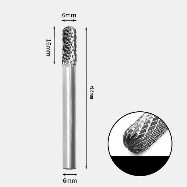 6 x 16mm 先丸円筒型 ダブルカット シャンク径 6mm 超硬 ロータリーバー リュータービット 超硬バー