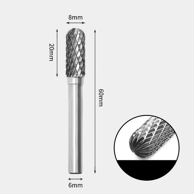 8 x 20mm 先丸円筒型 ダブルカット シャンク径 6mm 超硬 ロータリーバー リュータービット 超硬バー