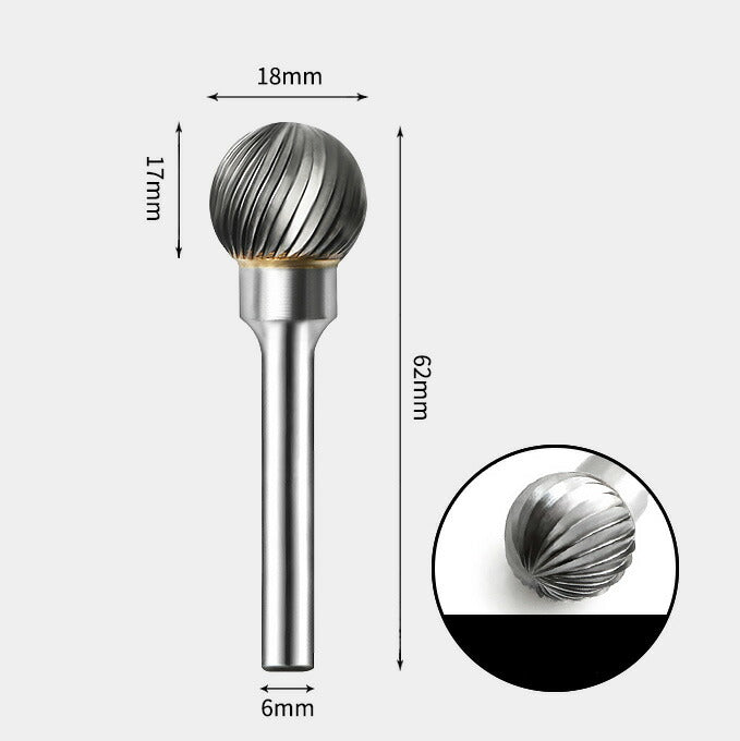 18 x 17mm 球型 シングルカット シャンク径 6mm 超硬 ロータリーバー リュータービット 超硬バー