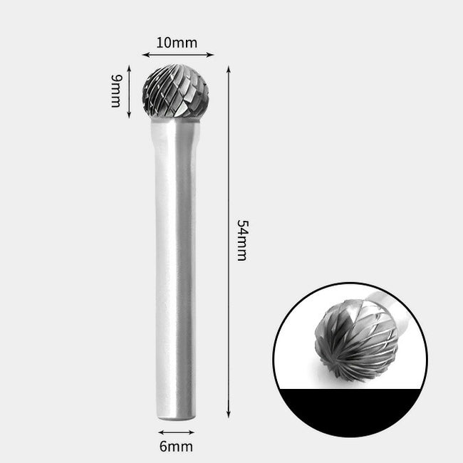 10 x 9mm 球型 ダブルカット シャンク径 6mm 超硬 ロータリーバー リュータービット 超硬バー