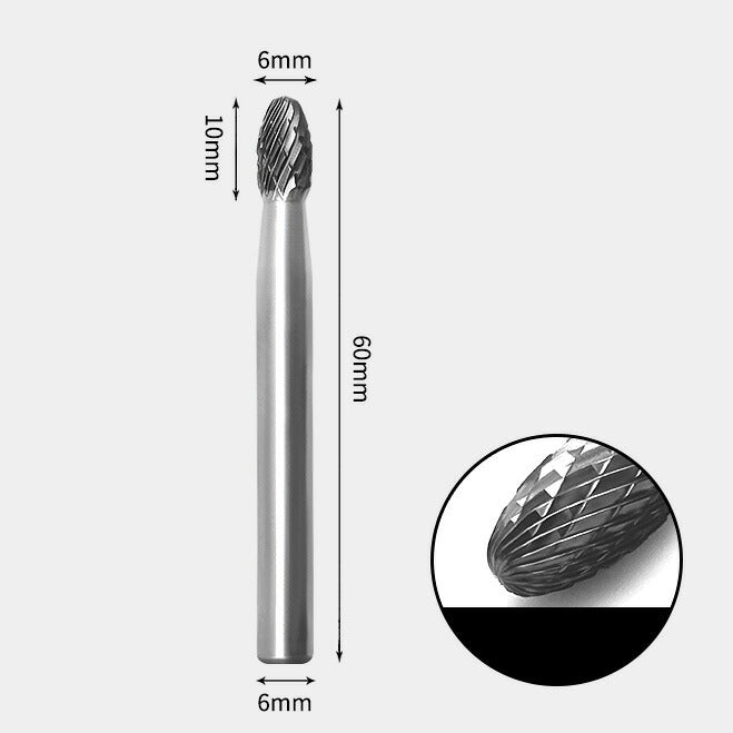 6 x 10mm 卵型 ダブルカット シャンク径 6mm 超硬 ロータリーバー リュータービット 超硬バー