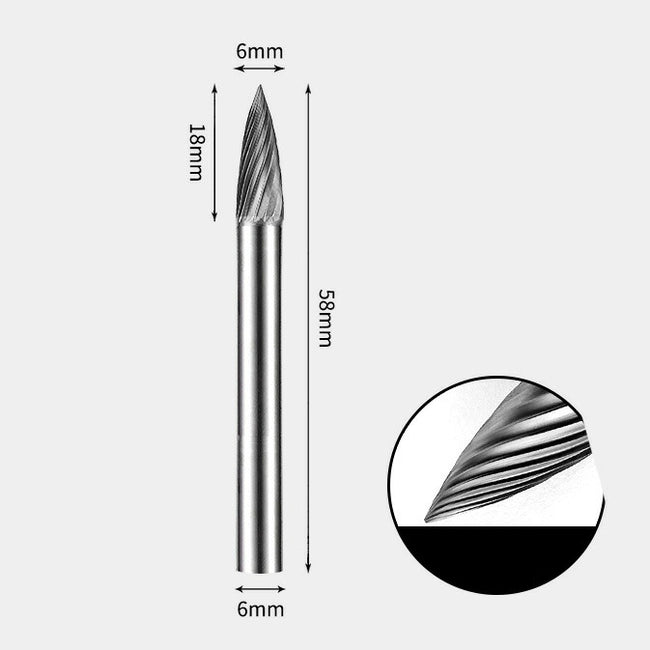 6 x 18mm ポイント型 シングルカット シャンク径 6mm 超硬 ロータリーバー リュータービット 超硬バー