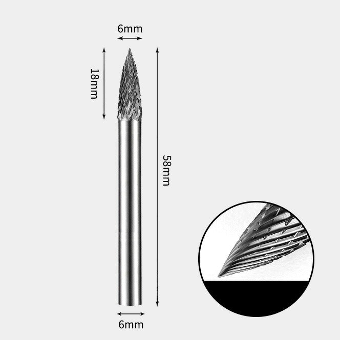 6 x 18mm ポイント型 ダブルカット シャンク径 6mm 超硬 ロータリーバー リュータービット 超硬バー