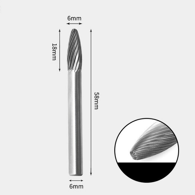 6 x 18mm 楕円型 シングルカット シャンク径 6mm 超硬 ロータリーバー リュータービット 超硬バー