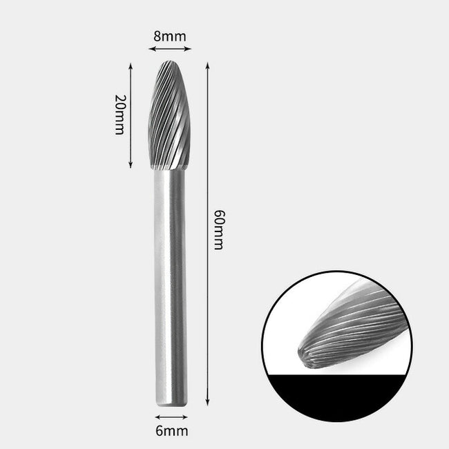 8 x 20mm 楕円型 シングルカット シャンク径 6mm 超硬 ロータリーバー リュータービット 超硬バー