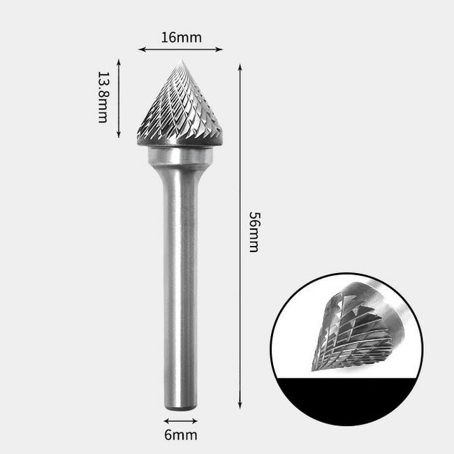 16 x 13mm 60度 テーパー型 ダブルカット シャンク径 6mm 超硬 ロータリーバー リュータービット 超硬バー