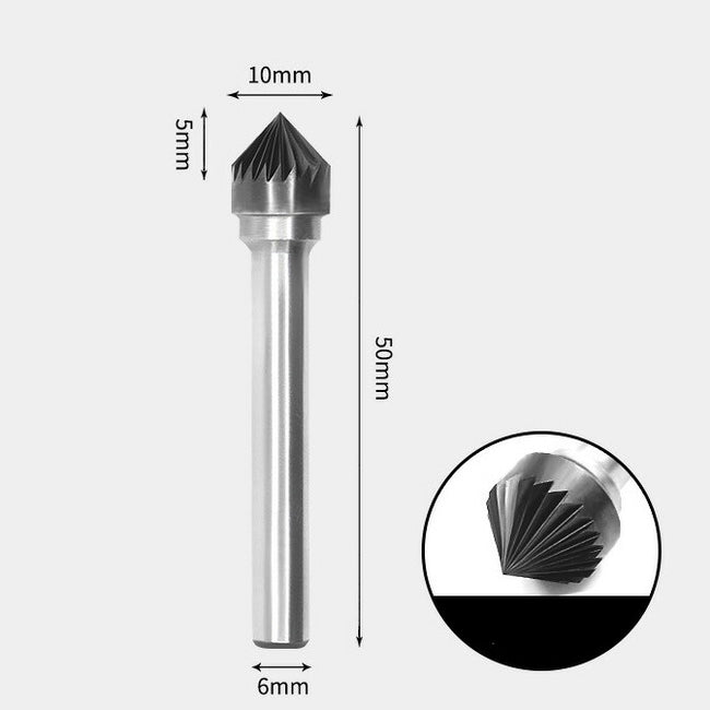 10 x 5mm 90度 テーパー型 シングルカット シャンク径 6mm 超硬 ロータリーバー リュータービット 超硬バー